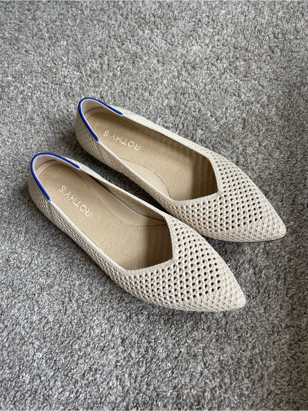 Rothy's Pointed Knit Flats in Cream with Blue Accent